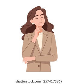 A businesswoman dressed in a smart business suit. Her face expression reflects contemplation. Manager career, flat cartoon style. Vector illustration isolated on white.