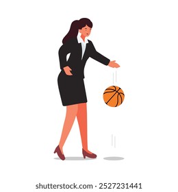 Mujer de negocios que dribla un baloncesto. Una mujer de negocios en atuendo formal regateando una pelota de baloncesto, mezclando trabajo con juego. Este concepto puede representar el equilibrio entre la vida laboral y personal, la competencia o el profesionalismo