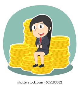 businesswoman drinking coffee on coins