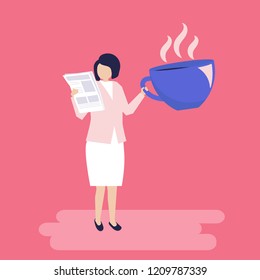 Businesswoman drinking coffee and reading a newspaper illustration