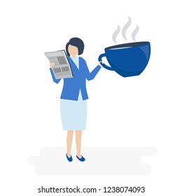 Businesswoman drinking coffee and reading a newspaper illustration