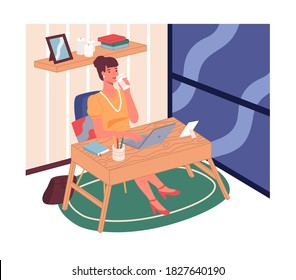 Businesswoman drinking coffee or tea and working with laptop sitting near panoramic window in office or home. Smiling confident woman with hairstyle, wearing accessories in stylish office dress