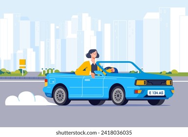 Businesswoman driving cabriolet car on road across suburb along cityscape buildings female