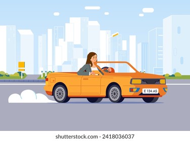 Businesswoman driving cabriolet car on road across suburb along cityscape buildings female