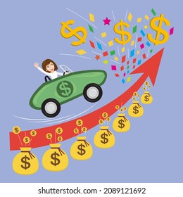 Businesswoman driving cash payment car in financial raise graph way up, Illustration vector cartoon