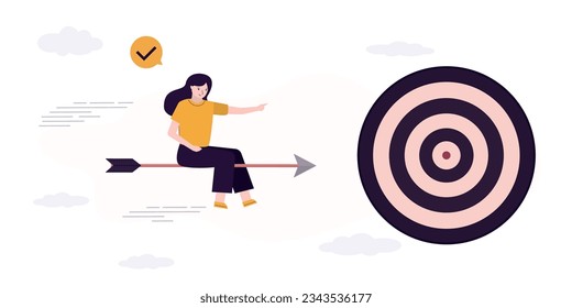 Businesswoman driving and directing arrow to hit target. Business goal to profit. Confident woman flying on arrow toward target and goals. flat vector illustration