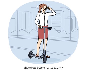 Mujer de negocios conduciendo moto en la carretera. Una mujer sonriente se divierte montando en un vehículo. Ilustración vectorial.