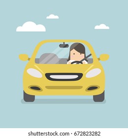 Businesswoman driving yellow car on the road