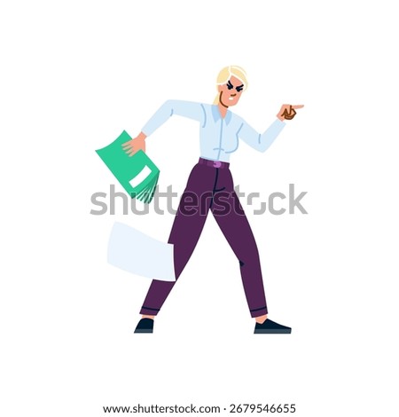 Businesswoman is dropping documents while angrily pointing her finger, expressing blame and frustration in a business dispute or disagreement