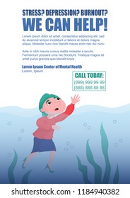 Businesswoman drowning in water, crying for help - help with burnout, stress, depression concept, flyer template design