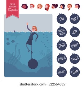 Businesswoman drowning with a weight creation set. Build your own illustration. Cartoon vector flat-style infographic illustration