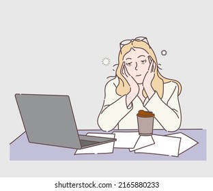 Businesswoman is drowsy or snoozing at the desk, she is tired of files in the office documents, she need more rest. Hand drawn in thin line style, vector illustrations.