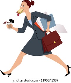 Businesswoman Eating On The Run, With No Time For A Proper Breakfast, EPS 8 Vector Illustration