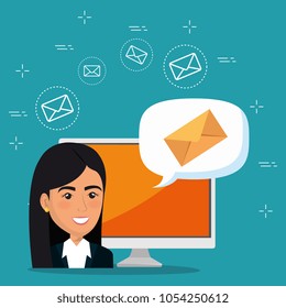 businesswoman with e-mail marketing icons