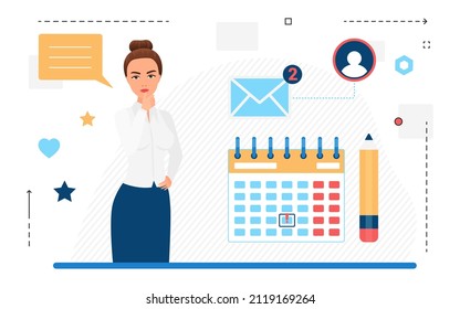 Businesswoman is engaged in economic planning, financial communication envelope. Business management, time allocation , vector image isolated