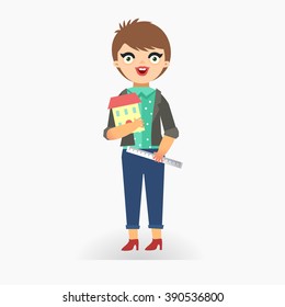Businesswoman Engineer Architect holding a house model and stick. Vector colorful illustration in flat style
