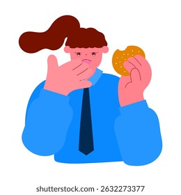 businesswoman enjoying a burger during lunch break, work-life balance and casual office lifestyle concept