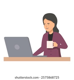 Businesswoman enjoying a cup of coffee while working on her laptop, showcasing the concept of work life balance