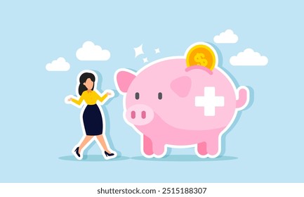 A businesswoman enjoying and happy next to a piggy bank with a plus sign or health symbol, illustration of Someone feeling secure and comfortable due to having health insurance