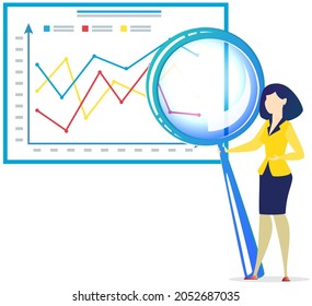 Businesswoman enlarges documents using magnifier. Idea of search for data and analysis. Lady stands with huge magnifying glass. Search for solution, business strategy, idea of new project concept