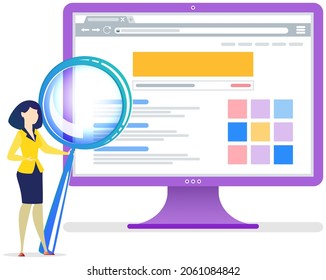 Businesswoman enlarges documents using magnifier. Idea of search for data and analysis. Lady stands with huge magnifying glass. Search for solution, business strategy, idea of new project concept