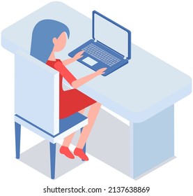 Businesswoman entrepreneur in business suit working at her office desk. Woman sitting with laptop surfing internet. Manager uses computer, modern technology for work. Clerk, office worker at workplace