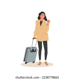 Businesswoman or entrepreneur carrying suitcase hurries to board departing aircraft. Concept of business travel or tourism, work in trip. Modern flat colorful vector illustration for banner, poster.