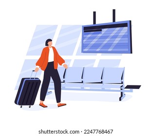 Businesswoman or entrepreneur carrying suitcase hurries to board departing aircraft. Concept of business travel or tourism, work in trip. Modern flat colorful vector illustration for banner, poster.