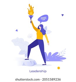 Businesswoman or entrepreneur holding burning torch and giving speech. Concept of leadership in business, successful leader or motivational speaker. Modern flat vector illustration for banner, poster.