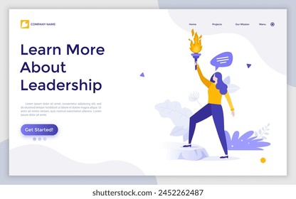 Businesswoman or entrepreneur holding burning torch and giving speech. Concept of leadership in business, successful leader or motivational speaker. Modern flat vector illustration for landing page