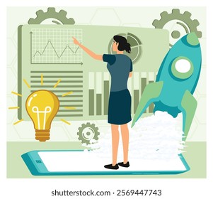 Businesswoman evaluates graph surrounded by rockets and light bulbs symbolizing innovation, growth and business strategy. Flat vector modern illustration 