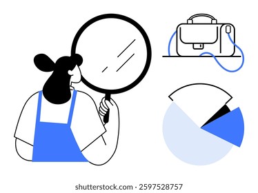 Businesswoman examines data through magnifying glass, next to briefcase and pie chart. Ideal for financial analysis, business presentations, market research, investment strategy, corporate training