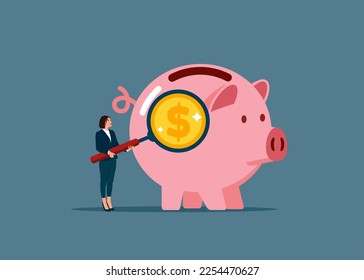 Businesswoman examining Piggy bank with magnifying glass. Investing money. Flat vector illustration.