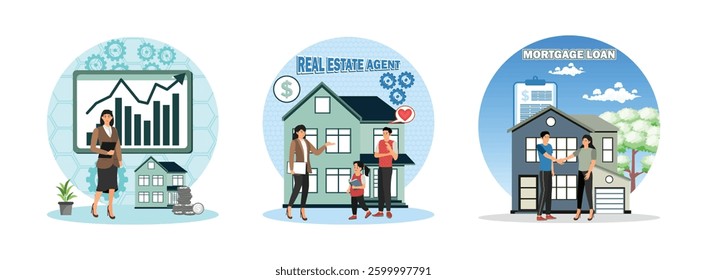 Businesswoman examining real estate market data with charts. A real estate agent discussing a property offering to potential buyers. Two people shaking hands over a mortgage agreement. 
