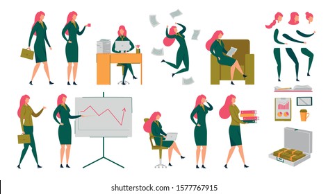 Businesswoman Executive Manager Secretary Character Set. Woman Working on PC in Office, Reporting, Resting with Newspaper, Going to Work. Different Emotions, Body Parts DIY Kit. Vector Illustration