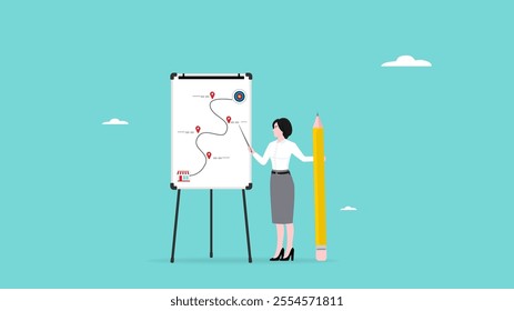 Businesswoman explain franchise business strategies on white board to achieve business targets illustration, franchise business management, business strategy concept illustration