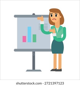 Empresária explicando dados na ilustração vetorial do quadro de apresentação