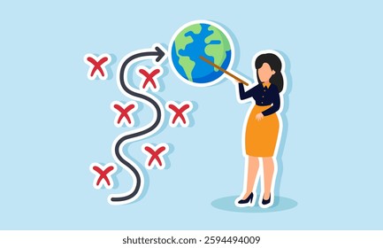 A businesswoman explains with a pointer about a path like a map leading to a globe, illustration of mitigation and planning for a business company to go international