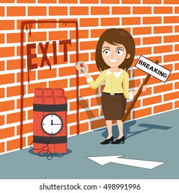 Businesswoman explode destroy wall, vector illustration cartoon