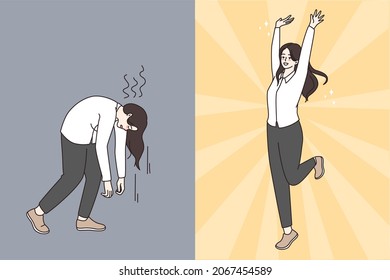 Businesswoman express different emotions, feel happy and motivated versus unhappy and stressed. Employee mood swings. Bipolar disorder, job burnout. Vector illustration, cartoon character. 