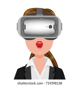 Businesswoman express emotions wearing VR Virtual reality glasses headset designed for mobile phone device isolated on a white background