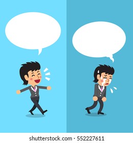 Businesswoman expressing different emotions with white speech bubbles