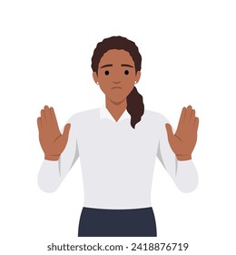 businesswoman is expressing refusal. The woman says STOP with the gesture. The girl expresses protest and disagreement. Flat vector illustration isolated on white background