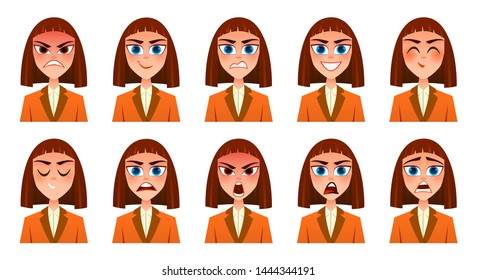 Businesswoman expression set. Cartoon flat style illustration.