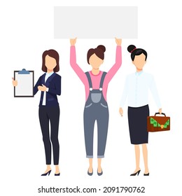 Businesswoman face less character set team standing together and posing isolated holding clipboard and blank placard