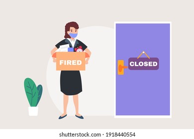 Businesswoman in face mask getting fired and holding cardboard while looking at the closed office door