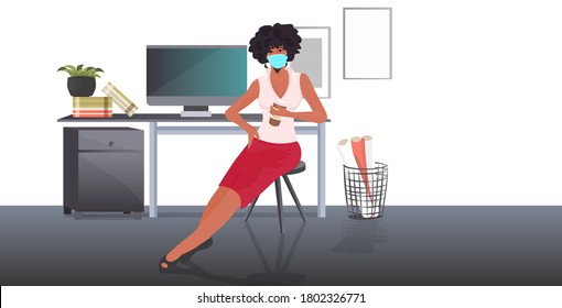 businesswoman in face mask sitting at workplace coronavirus epidemic protection self isolation remote work concept office interior full length horizontal vector illustration