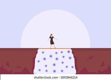 Businesswoman in face mask walking on the rope bridge above corona virus on the gap
