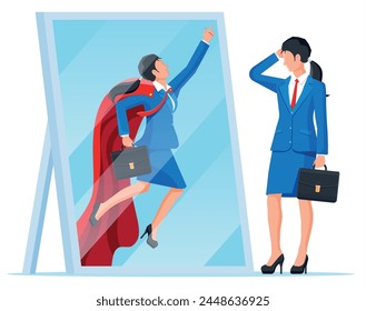 Mujer de negocios que se enfrenta a sí misma como superhéroe en el espejo. Ambición empresarial y concepto de éxito. Símbolo de poder, liderazgo, coraje, valentía. Logro y meta. Ilustración vectorial plana