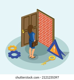 Businesswoman facing no exit with brick door 3D isometric vector concept for banner, website, illustration, landing page, flyer, etc